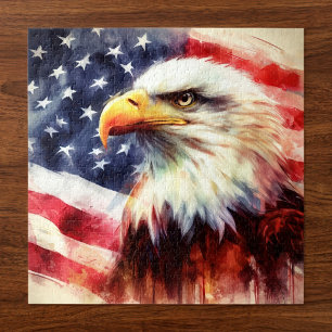 Majestic Bald Eagle Portrait with American Flag Jigsaw Puzzle