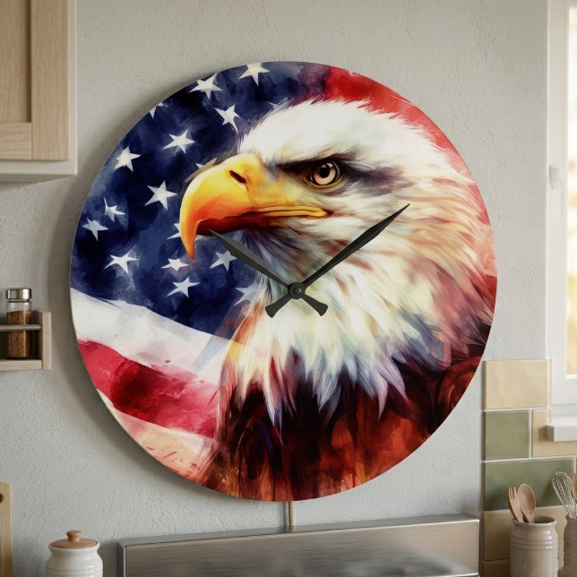 Majestic Bald Eagle Portrait with American Flag Large Clock (Majestic Bald Eagle Portrait with American Flag. Large Clock )
