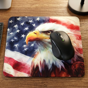 Majestic Bald Eagle Portrait with American Flag Mouse Mat