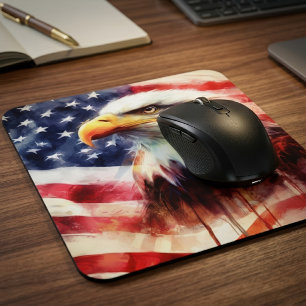 Majestic Bald Eagle Portrait with American Flag Mouse Mat