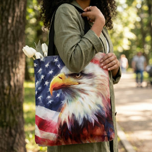 Majestic Bald Eagle Portrait with American Flag Tote Bag