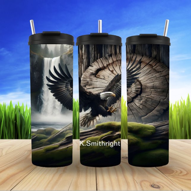 Majestic Bald Eagle Soaring by Waterfall Thermal Tumbler (Creator Uploaded)