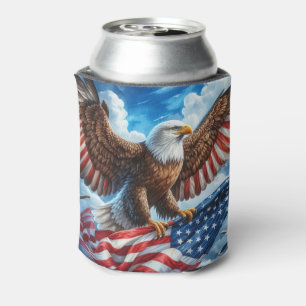 Majestic Bald Eagle with American Flag Can Cooler