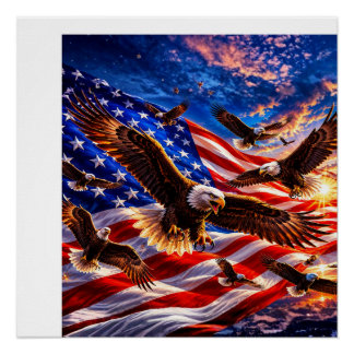 Majestic Bald Eagles Over American Flag Patriotic Poster