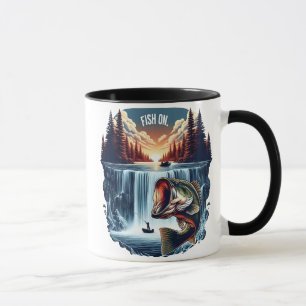 Majestic Bass Leaping Over Waterfall at Sunset Mug