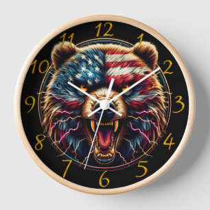 Majestic Bear Wearing American Flag Clock