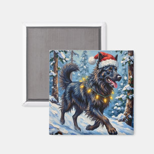 Majestic Belgian Shepherd Snow Forest Christmas Magnet