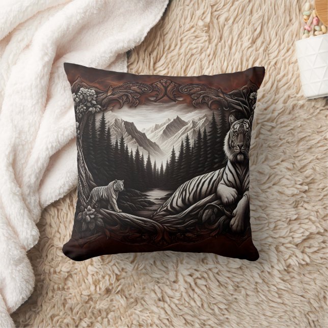 Majestic Bengal Tigers in Serene Forest Landscape Cushion (Blanket)