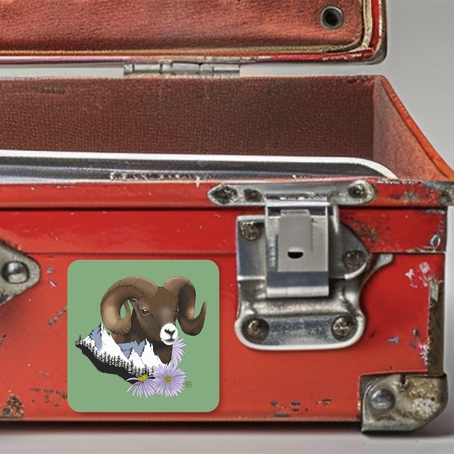 Majestic Bighorn Brown Sheep Ram Green Mountains Square Sticker (Creator Uploaded)