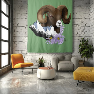 Majestic Bighorn Brown Sheep Ram Green Mountains Tapestry