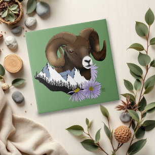 Majestic Bighorn Brown Sheep Ram Green Mountains Tile