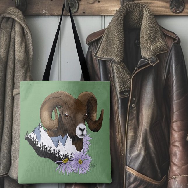 Majestic Bighorn Brown Sheep Ram Green Mountains  Tote Bag (Creator Uploaded)