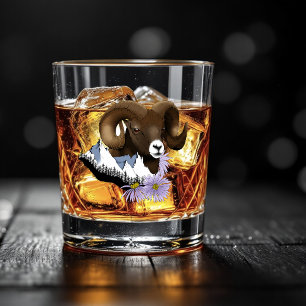 Majestic Bighorn Brown Sheep Ram Green Mountains Whiskey Glass