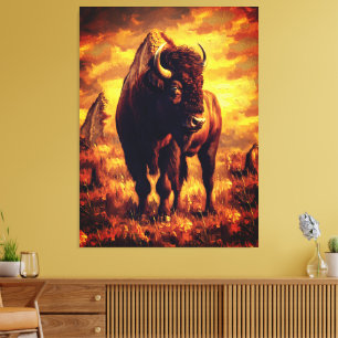 Majestic Bison Oil Painting – Wild Prairie Sunset Canvas Print