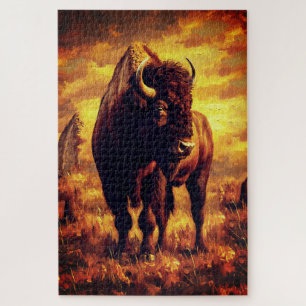Majestic Bison Oil Painting – Wild Prairie Sunset Jigsaw Puzzle