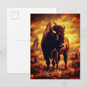 Majestic Bison Oil Painting – Wild Prairie Sunset Postcard