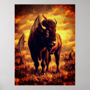 Majestic Bison Oil Painting – Wild Prairie Sunset Poster