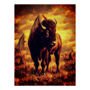 Majestic Bison Oil Painting – Wild Prairie Sunset Poster