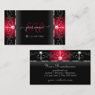 Majestic Black and Red Squiggled Jewels Monogram Business Card