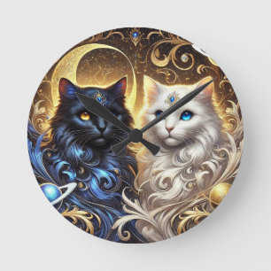 Majestic Black and White Cats Round Clock