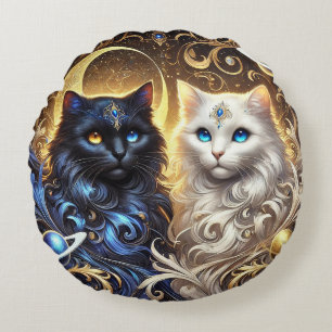 Majestic Black and White Cats Round Cushion