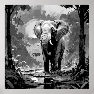Majestic Black and White Elephant in Jungle Art Poster