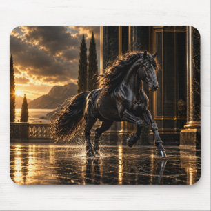 Majestic Black Friesian Horse at Golden Sunset Mouse Mat