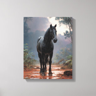Majestic Black Horse Forest Stream Art Canvas Print
