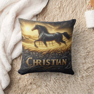 Majestic Black Horse Galloping at Sunrise Cushion
