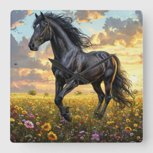 Majestic Black Horse Galloping Through a Vibrant F Square Wall Clock