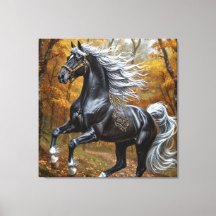 Majestic Black Horse in an Autumn Forest Canvas Print