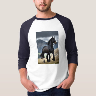 Majestic Black Horse in Mountain Field T-Shirt