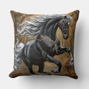 Majestic Black Horse in Ornate Ornament Cushion