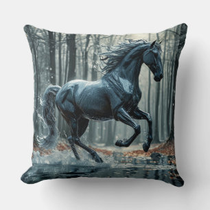 Majestic Black Horse in Ornate Ornament Cushion