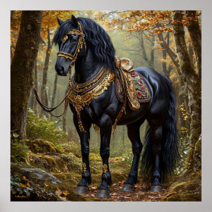 Majestic Black Horse in Regal Gold Adornments Poster