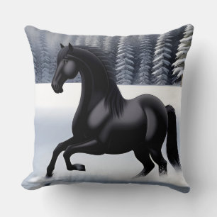 Majestic Black Horse Prancing on a Snowy Surface Cushion