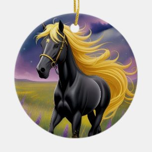 Majestic Black Horse with Flowing Golden Mane Ceramic Tree Decoration