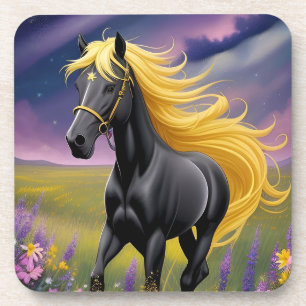 Majestic Black Horse with Flowing Golden Mane Coaster