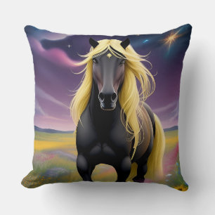 Majestic Black Horse with Flowing Golden Mane Cushion