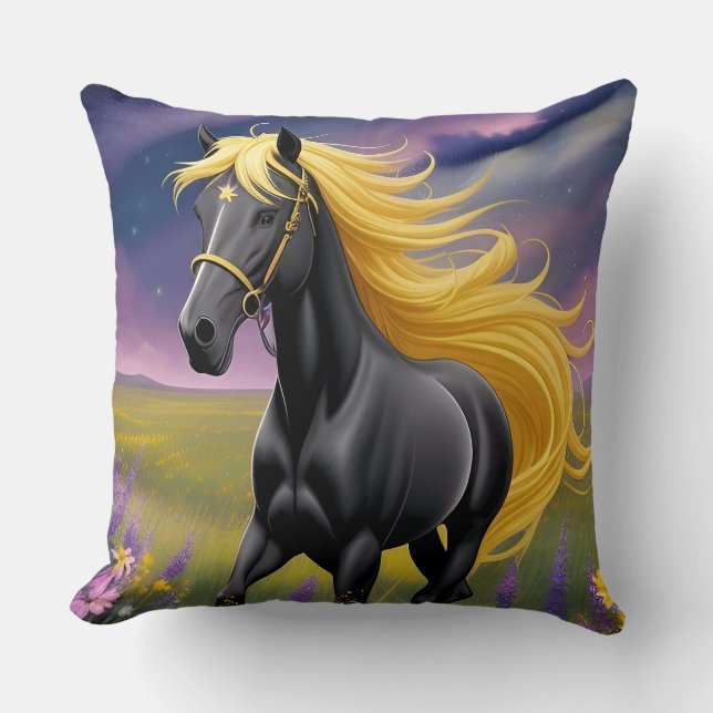Majestic Black Horse with Flowing Golden Mane Cushion (Front)