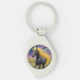 Majestic Black Horse with Flowing Golden Mane Key Ring