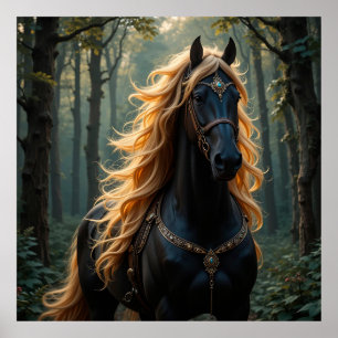 Majestic Black Horse with Flowing Mane Poster