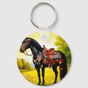 Majestic Black Horse With Saddle Key Ring