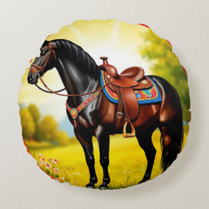 Majestic Black Horse With Saddle Round Cushion