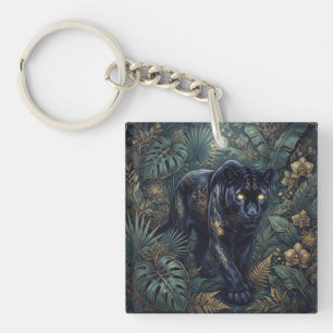 Majestic Black Panther Prowling Through a Jungle Key Ring