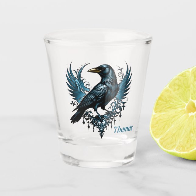 Majestic black raven sitting on an ornate shot glass (Front)