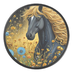 Majestic Black Stallion Amid Vibrant Wildflowers Hockey Puck