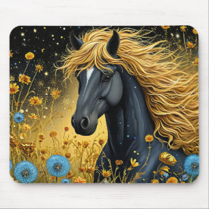 Majestic Black Stallion Amid Vibrant Wildflowers Mouse Mat