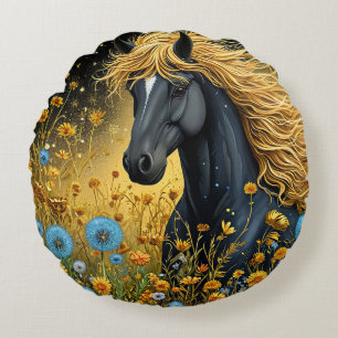 Majestic Black Stallion Amid Vibrant Wildflowers Round Cushion