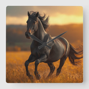 Majestic Black Stallion Horse Autumn Sunset Landsc Square Wall Clock